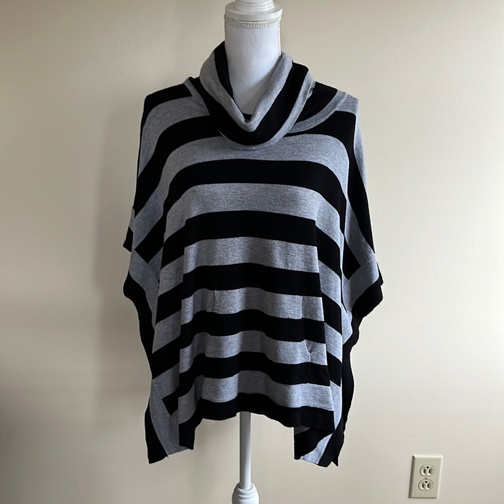 Black & gray striped cowl neck sweater poncho